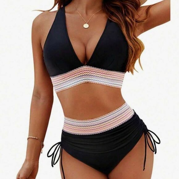Black Two-Piece w/ Chevron Waistband (New!) M and L - Picture 1 of 3
